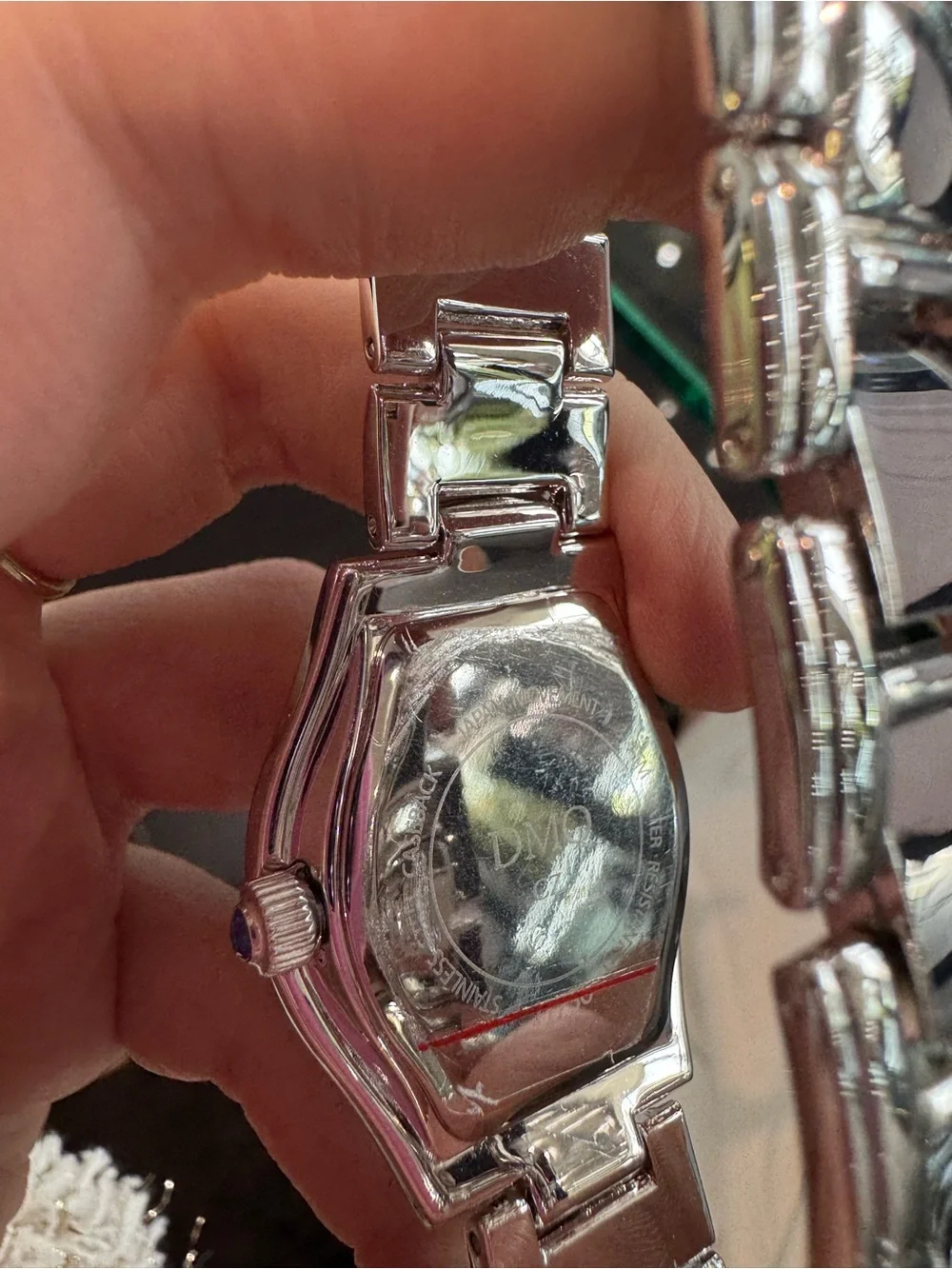 DMQ  Tonneau Watch – Silver Tone Crystal Bezel, Sunburst Dial, Roman Numerals